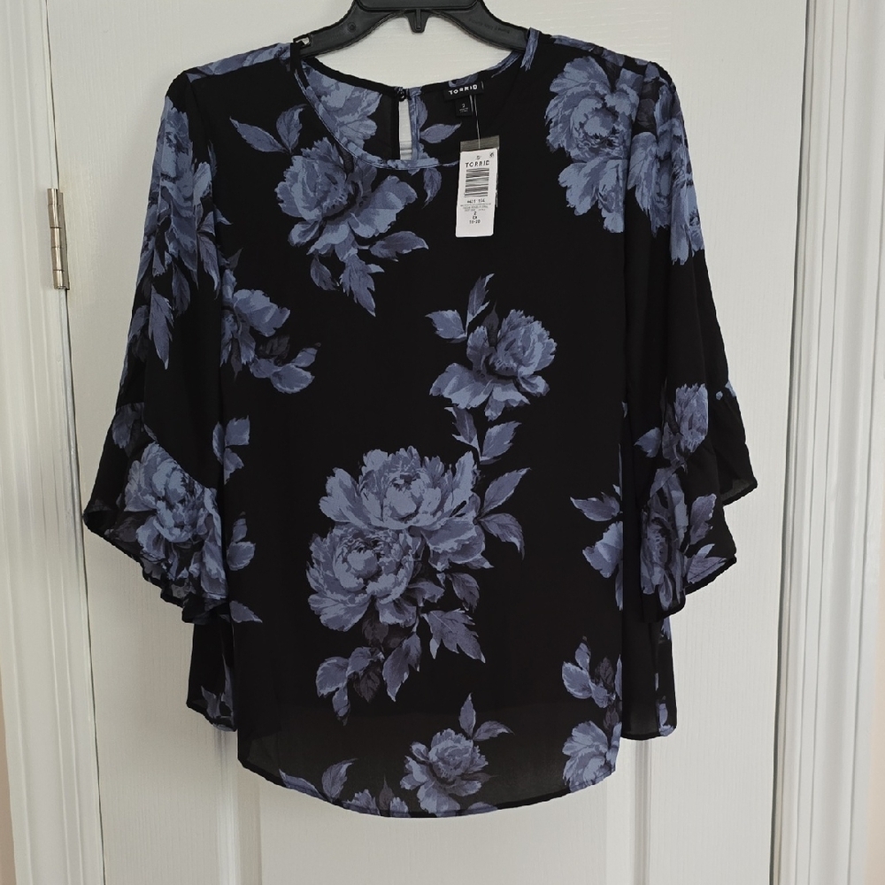 Torrid Midnight Black Blouse with Blue Floral Design